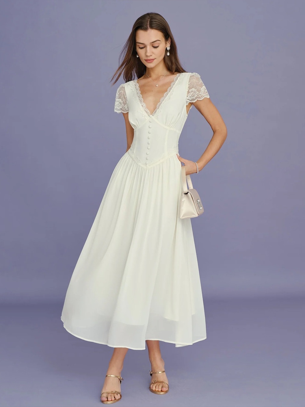 Rihoas Apricot V Neck Lace Splicing Maxi Dress